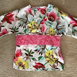 Vintage Oilily kimono-style flowered silk blouse.